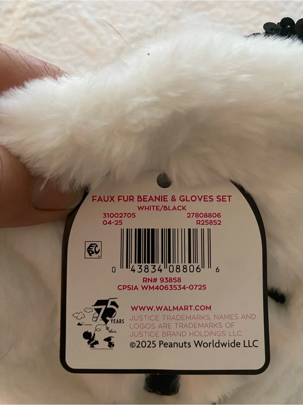 Justice White Faux Fur Panda Beanie with Black Sequin Ears and Black Gloves